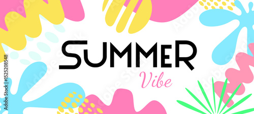 Vector seasonal illustration of summer geometric background with abstract shape and text. Flat creative cartoon style design of summer template with tropical flower and leaves