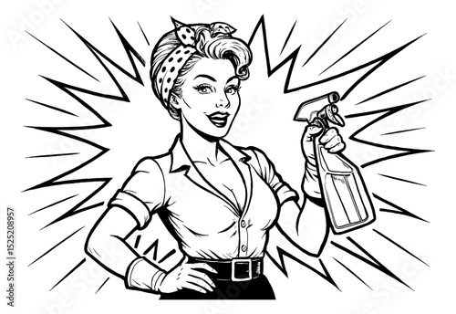 Smiling retro woman in headscarf and gloves holding spray bottle, pop art style illustration