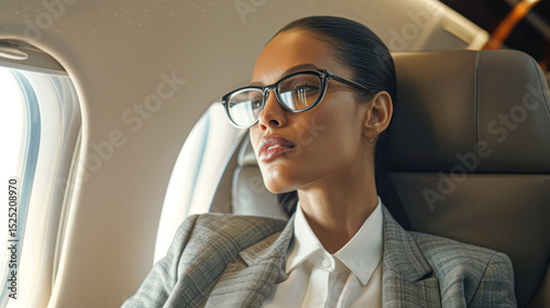 A professional woman in glasses sits in an airplane seat, gazing thoughtfully out the window during a flight.