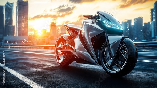 Sleek futuristic motorcycle on a city road with a breathtaking sunset backdrop