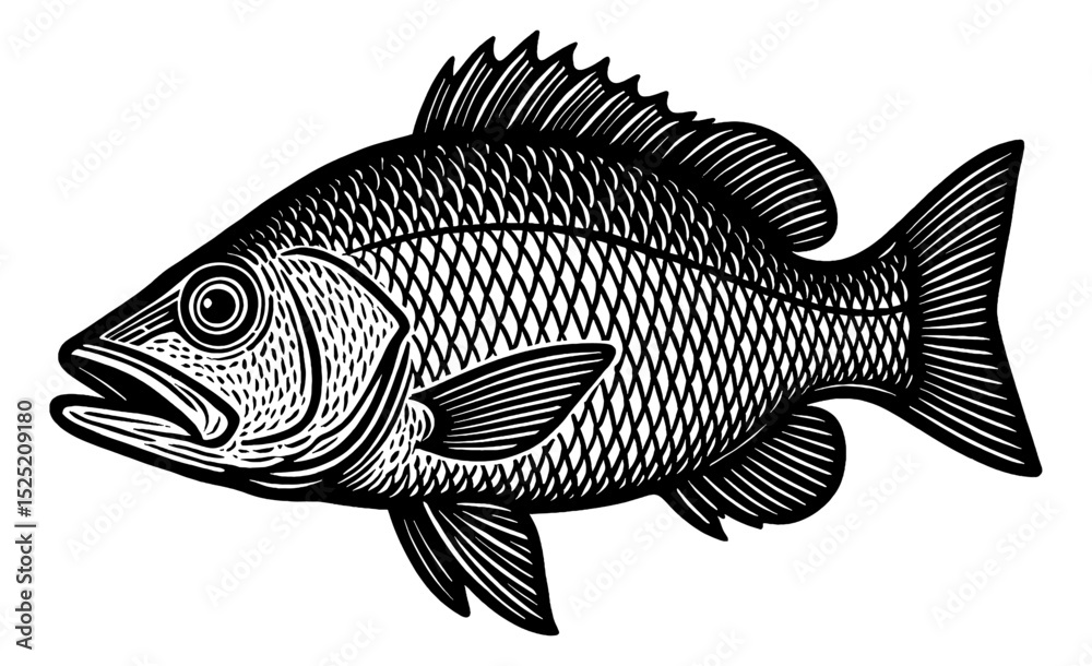 Obraz premium Detailed Black and White Engraving of a Fish with Open Mouth Side View