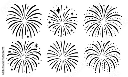 Fireworks vector illustration set in various styles and shapes for celebration design element