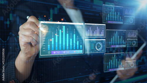 Manager touches growth graph on analytics dashboard. Business data analysis reports with marketing finance management strategy. Digital charts graphs increase business performance, sales statistic