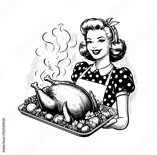 Smiling Woman Holding Roasted Turkey on Platter Illustration Black and White