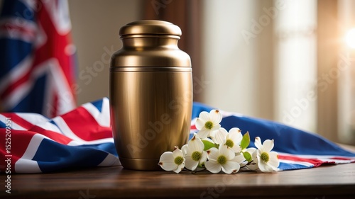 Golden urn with white flowers and Union Jack flag on wooden table, solemn tribute for Remembrance Day and honoring British fallen soldiers photo