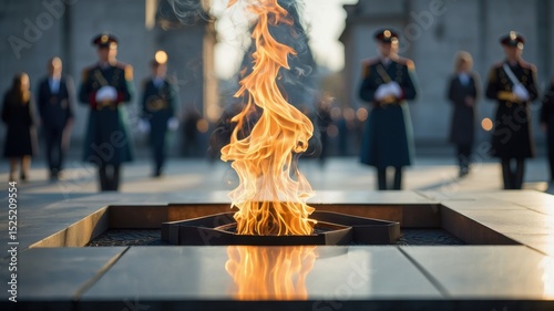 Eternal flame at war memorial with soldiers standing in background, solemn Remembrance Day ceremony honoring fallen military heroes photo