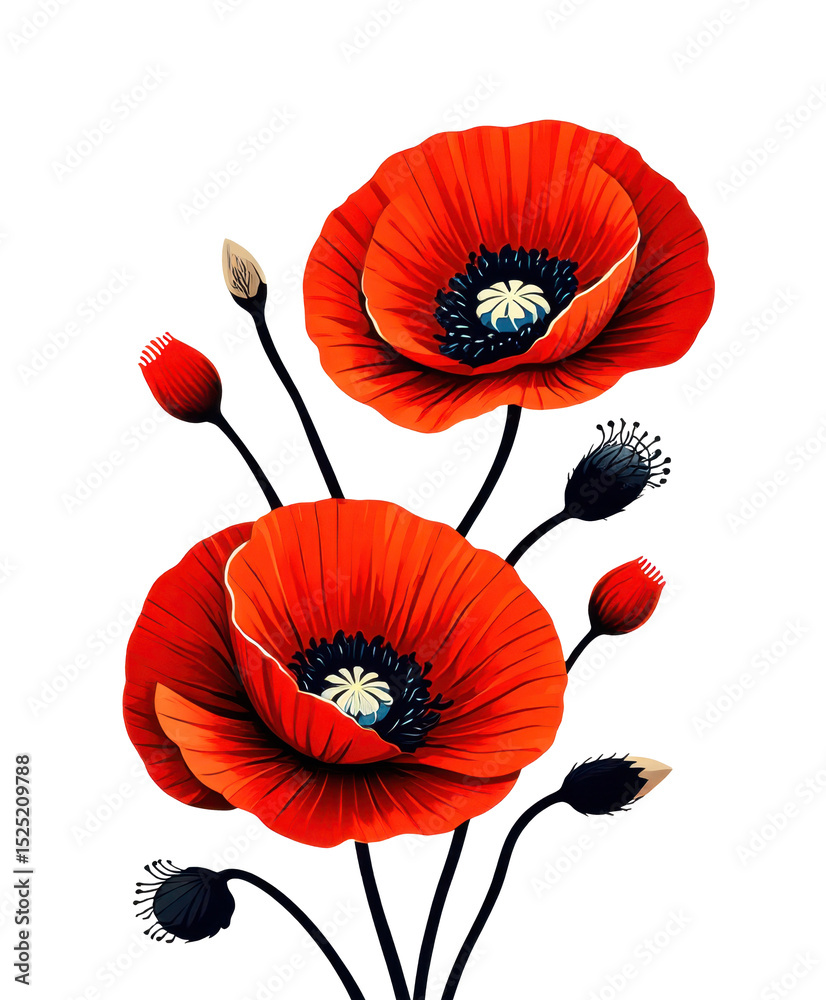 Obraz premium Red poppy flowers on white background, remembrance symbol, Memorial Day tribute, botanical illustration, floral design, war commemoration
