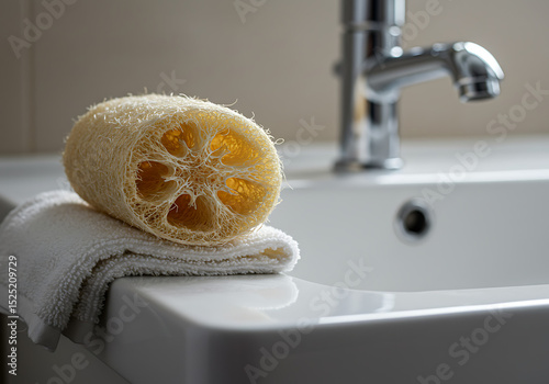Natural Loofah Sponge on Gleaming Clean White Ceramic Sink – Bathroom Hygiene