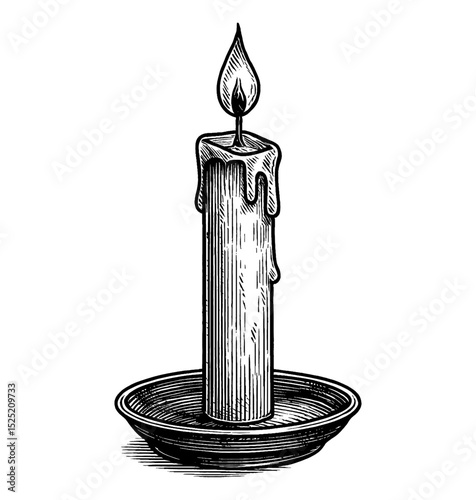 Engraved Illustration of a Lit Candle with Dripping Wax in a Holder, Black and White