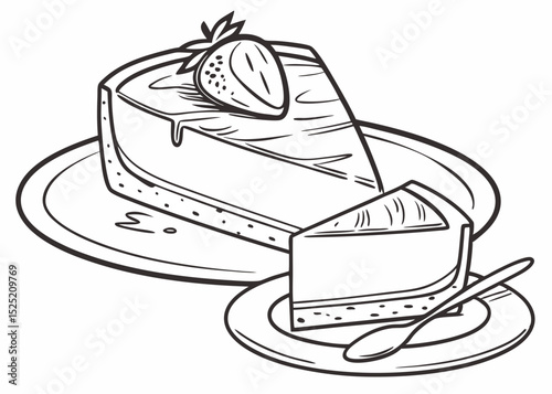 vector outline illustration of a cheesecake with a strawberry on top, on a small serving plate