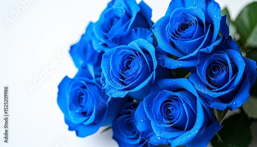 Macro photo image of blue roses with dew drops on it, white background.