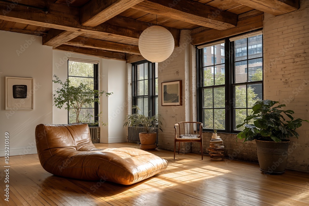 Naklejka premium Bright, sunlit room showcasing mid-century modern loft interior design with wooden beams, large windows, brown leather chaise lounge. Concept of mid-century modern loft interior design, decor, ideas.