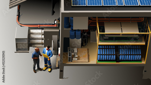 Illustration of a building interior with solar panels and two engineers inspecting equipment inside