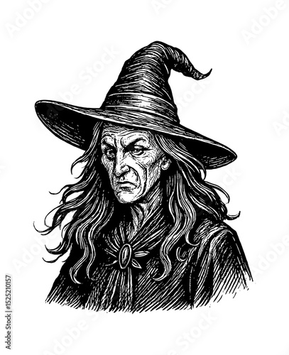 Portrait of a Witch with Pointed Hat and Long Hair in Black and White Detailed Engraving Style