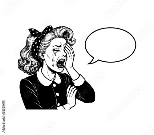 Distressed Caucasian Woman Crying with Speech Bubble in Retro Comic Book Style Illustration