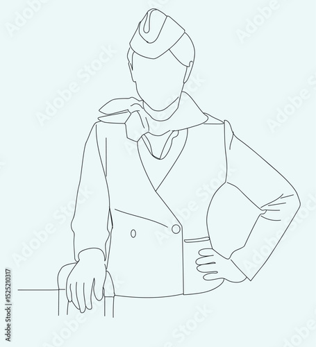 Stewardess drawn in line art.flight passenger stewardess.air hostess