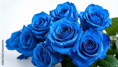 Macro photo image of blue roses with dew drops on it, white background.