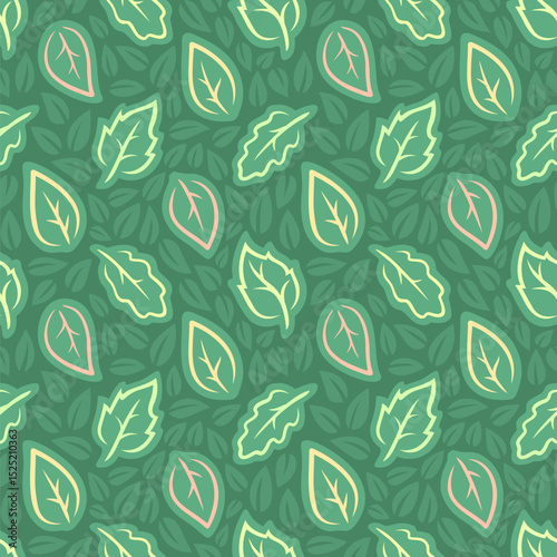 Green seamless pattern with colorful leaves