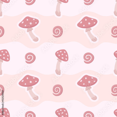 Pink seamless pattern with fly agaric mushrooms