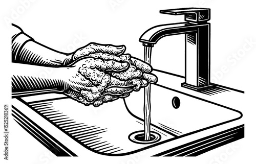 Washing Hands with Soap Under Running Water to Prevent Virus Infection in Black and White
