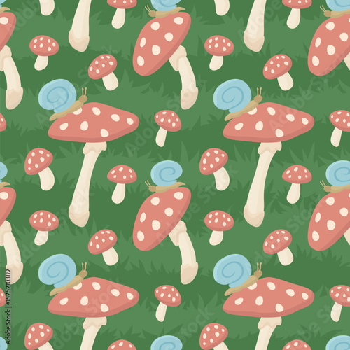 Seamless pattern with amanita mushrooms and snails