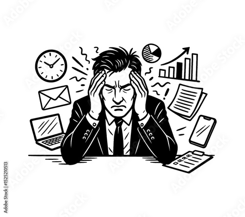 Stressed Businessman with Headache Surrounded by Work Related Items in Black and White Vector