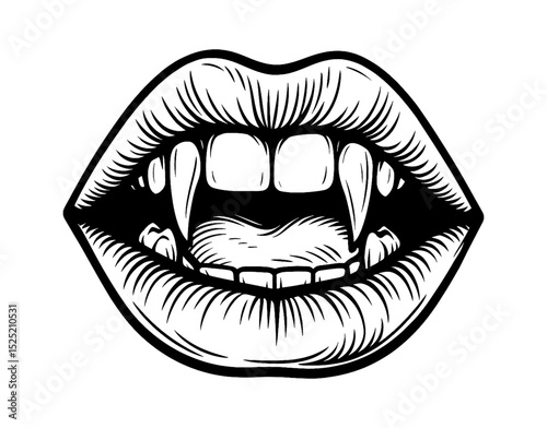 Vampire Mouth with Fangs Vector Illustration in Black and White Outline Style