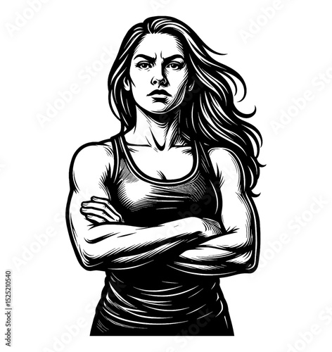 Determined Woman with Arms Crossed in Black and White Illustration Portrait
