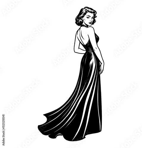 Elegant Woman in Long Dress Looking Back over Shoulder in Black and White Vintage Illustration