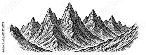 Detailed Black and White Engraving of a Mountain Range with Sharp Peaks