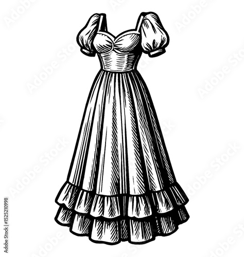 Elegant black and white dress with puffy sleeves and ruffled hemline illustration