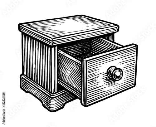 Detailed Engraving of Wooden Bedside Table with Open Drawer Black and White