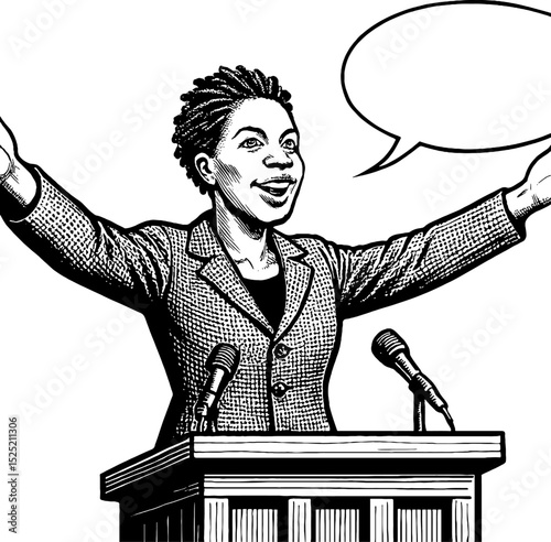 African American Woman Giving Speech with Arms Raised and Smiling, Isolated on White Background Illustration