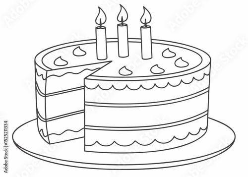 vector outline illustration of a classic round birthday cake with three lit candles on top, clean lines