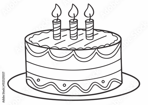 vector outline illustration of a classic round birthday cake with three lit candles on top, clean lines