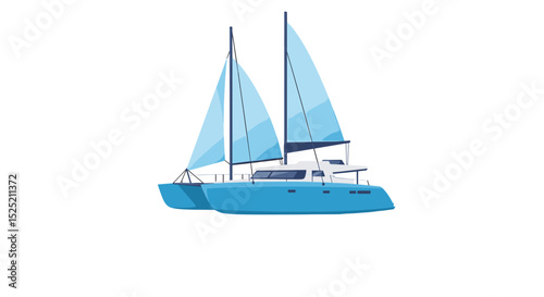 A blue catamaran sailboat with two masts and light blue sails is depicted on a white background.