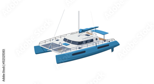 Sleek blue and white sailing catamaran, poised on calm waters, ready for adventure.