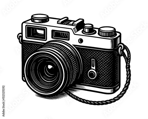 Detailed Black and White Engraving of a Classic Camera with Lens and Strap