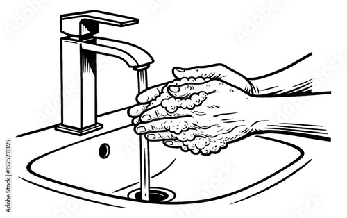 Washing hands with soap under running water illustration in black and white line art