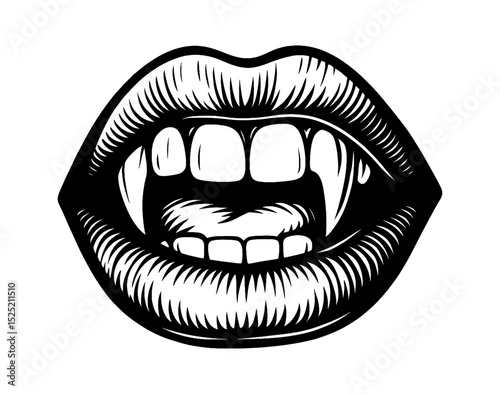 Vector illustration of vampire mouth with fangs in black and white drawing style