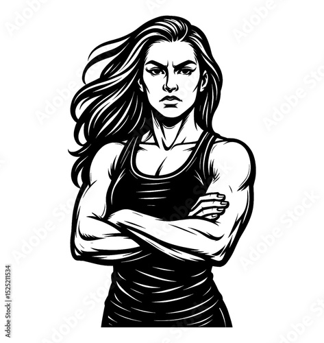 Strong Woman with Crossed Arms Stern Expression Vector Illustration Black and White