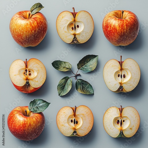 Minimalistic composition of juicy red apples and their halves on a light gray background. In the center of the image is a branch with leaves.