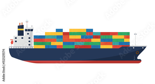 Illustration of a cargo ship carrying colorful containers, isolated on a white background.