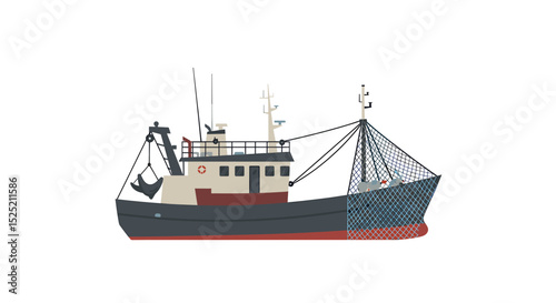 Side view of a fishing trawler, showcasing its deck, nets, and various equipment.