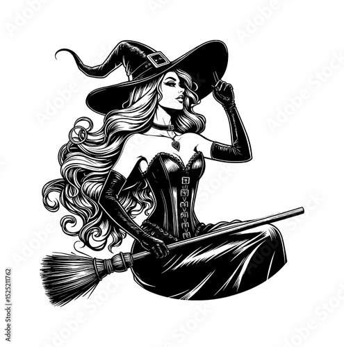 Illustration of a Fair Skinned Woman as a Witch Riding a Broomstick in Black and White