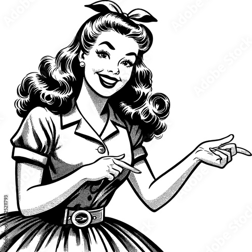 Smiling vintage woman with ribbon in hair pointing to the right in black and white art