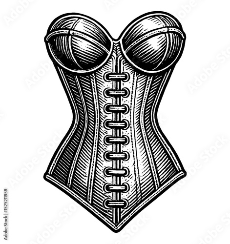 Detailed Engraved Corset Illustration in Black and White for Lingerie and Fashion