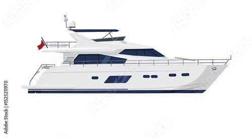 A white, modern yacht with blue accents, seen from the side, isolated on a white background.