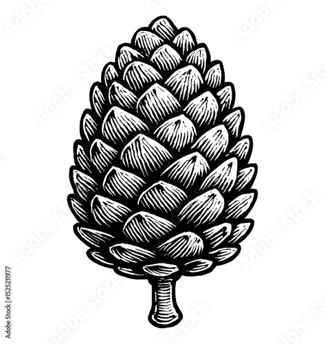 Detailed Black and White Engraving of a Single Pinecone on White Background