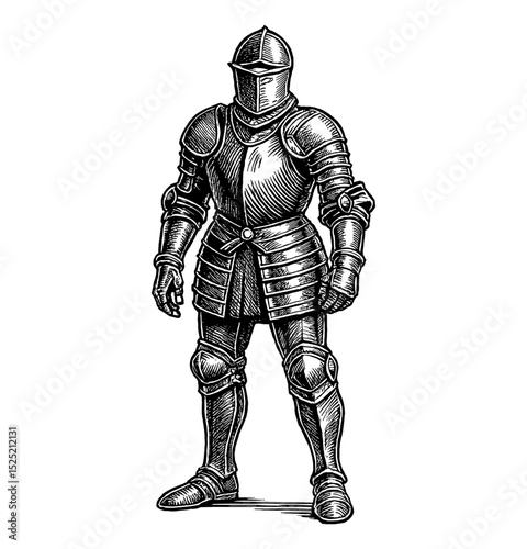 Full body illustration of a medieval knight in armor standing with an engraved style